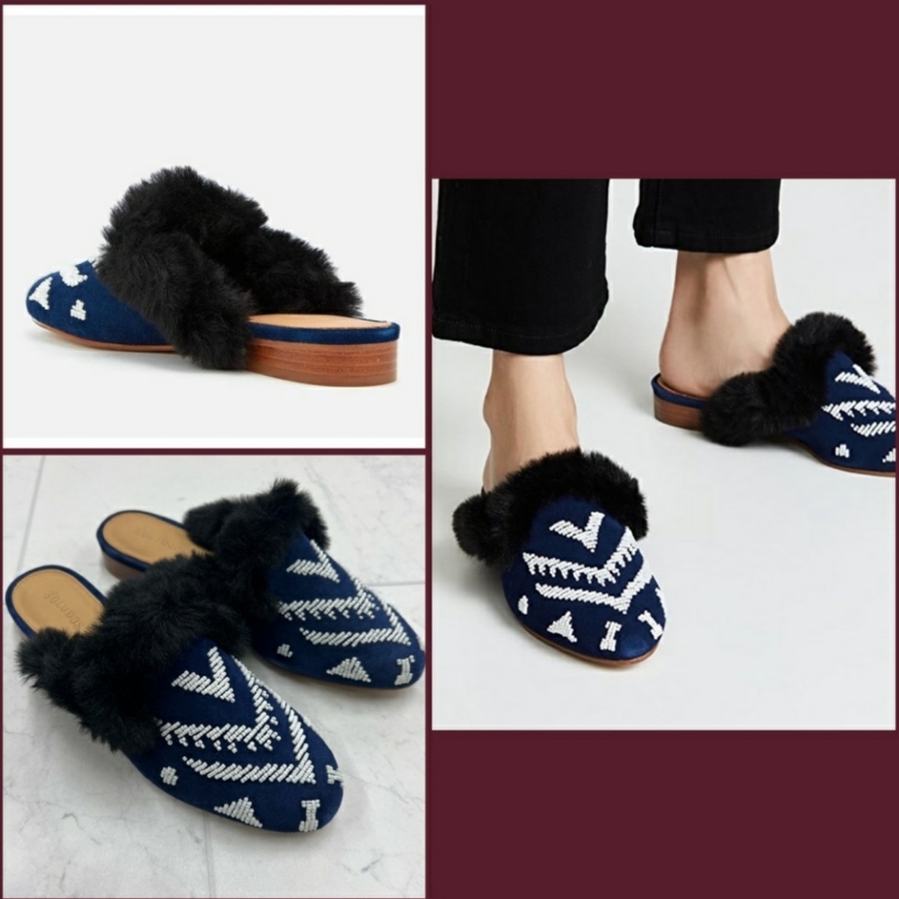Soludos Sedona Faux Fur Beaded Leather Mule Navy 6 new In Box - Picture 1 of 12